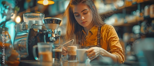Making latte coffee, a woman.