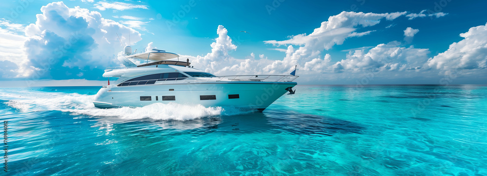 Fototapeta premium Luxury Motor Yacht Speeding on Open Sea with Cloudy Sky in the Background