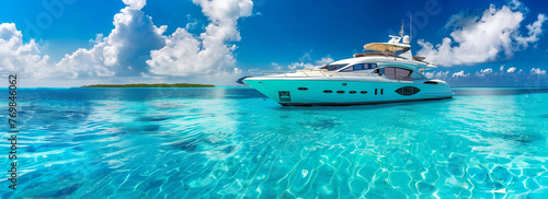 Sleek Yacht Sailing on Blue Tropical Sea with Islands in Background