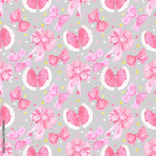 Hand drawn watercolor pink bows seamless pattern isolated on grey background. Can be used for textile  fabric and other printed products.