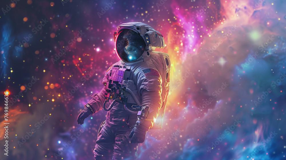 An astronaut floating serenely among a kaleidoscope of galaxies