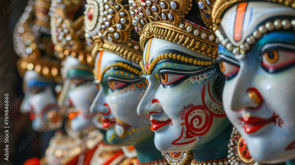 Detailed view of vibrant Kathakali dancer's makeup and ornate headgear signifying Indian culture