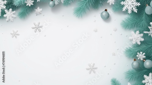 Christmas background with xmas tree objects on white snowy background 