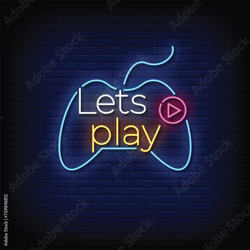 Neon Sign lets play with brick wall background vector