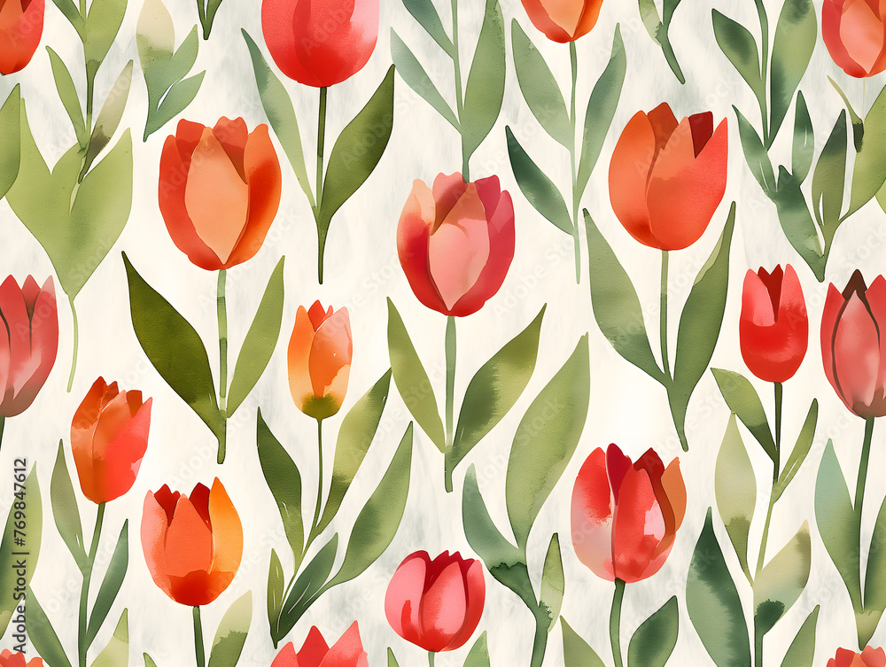 Obraz premium Vibrant Watercolor Illustration of Red Tulips with Green Leaves
