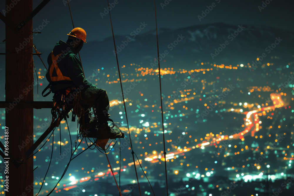 A high-voltage electrician working on a power line at night. The lights from the city create a stark contrast against the dark sky