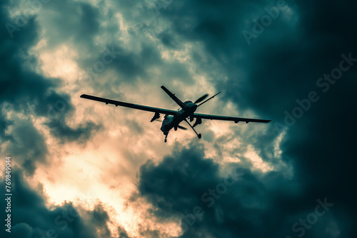 An abstract image of a combat drone silhouetted against a dramatic cloud-filled sky.