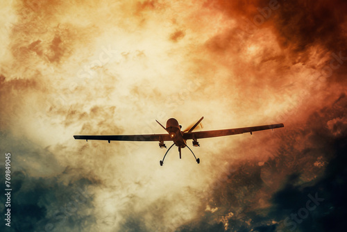 An abstract image of a combat drone silhouetted against a dramatic cloud-filled sky. photo