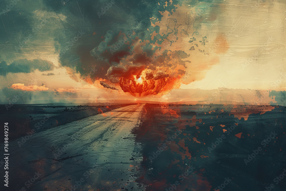 An abstract image of a nuclear explosion, the mushroom cloud casting a long shadow over the landscape.