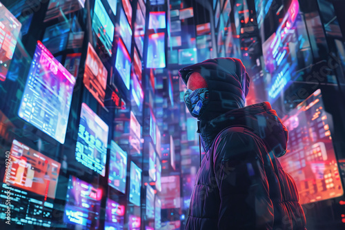 An abstract image of a hacker in a mask, surrounded by floating digital screens displaying various data. photo