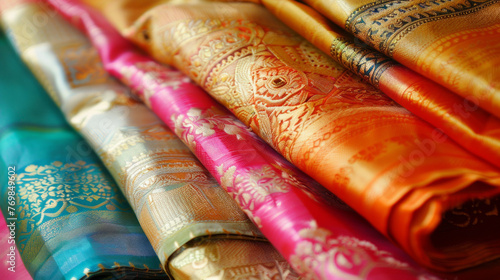 A close-up, detailed photo emphasizing the vibrant colors and embroidery of a traditional Indian saree reflecting the textile heritage