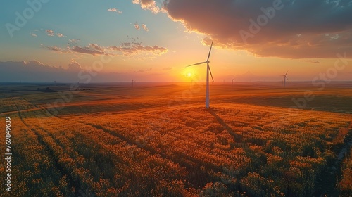 Windmill in field at evening, with beautiful clouds and sunset, located outside the city.