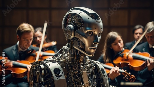 on stage in the Orchestra with robots playing violins