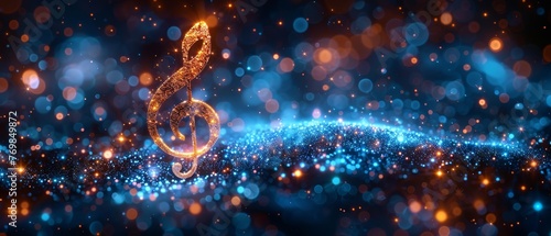 Three-dimensional abstract digital clef treble on blue background accompanied by stars. Symbols of music school, clef signs, treble notes, poster art, and song staffs. photo