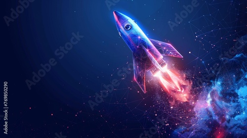 Isolated illustration of an abstract rocket launch from a smartphone. Start up concept in low poly style design. Blue geometric background Wireframe light connection structure Modern 3D graphic