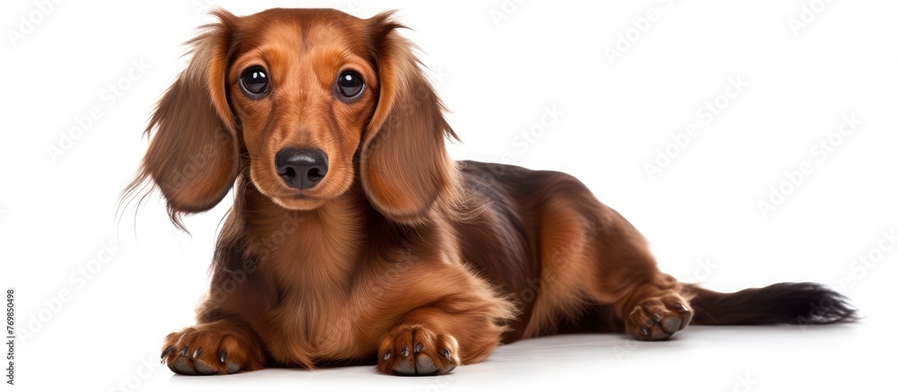 A livercolored dachshund, a small breed of working dog, is laying on a white background, with its floppy ears perked up and looking directly at the camera