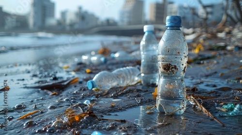 Ocean pollution caused by plastic water bottles (Environment concept) photo