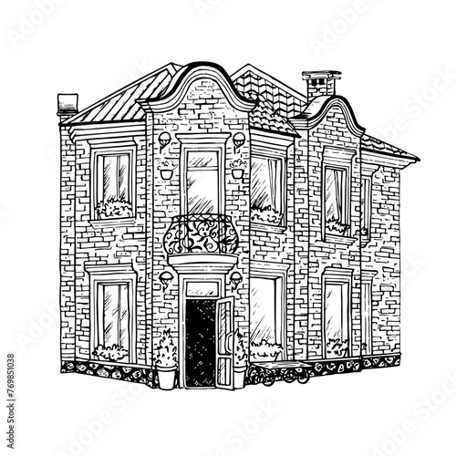 Old European house urban sketching. Cute vintage town house german architecture. Freehand storefront sketch. Hand-drawn ink line art. France travel vector illustration. Old Europe facade building.