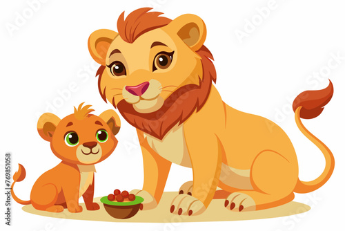A Baby lion and heh mother  eating on white background 