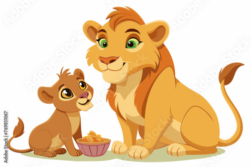 A Baby lion and heh mother eating on white background 