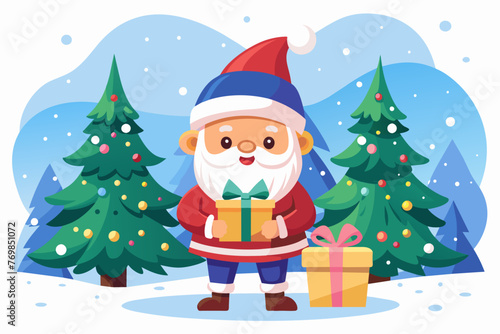 isolated on white clean background, cute smile young fat gnome on snowy January with gift with christ mas tree