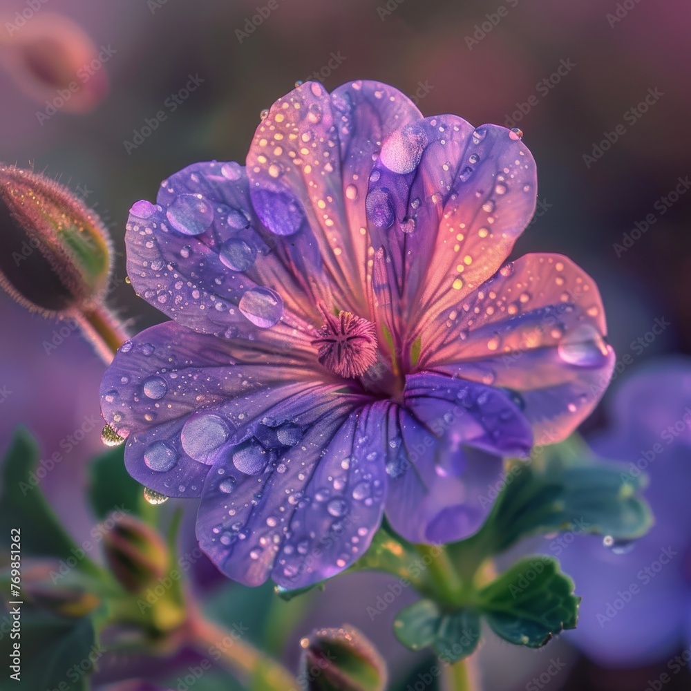 Dewy Geraniums at Dawn/Dusk. Generative AI.

