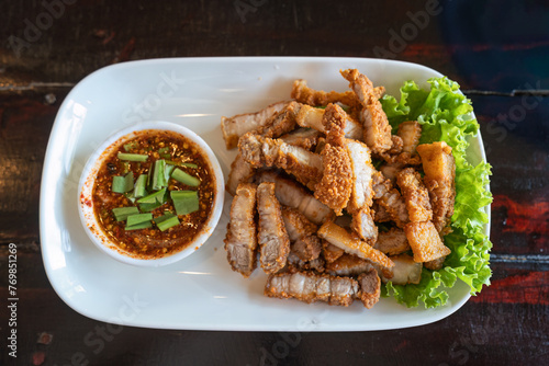 Fried pork belly with fish sauce and spicy dipping sauce