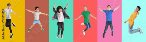 Group of children jumping on color backgrounds, set of photos © New Africa