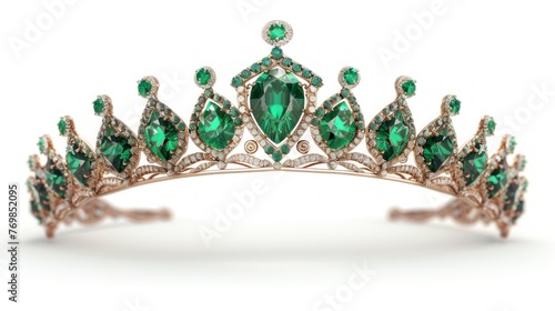 queen crown with real green emeralds on white background in high resolution