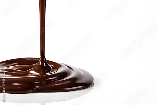 Melted hot chocolate dripping against a white background