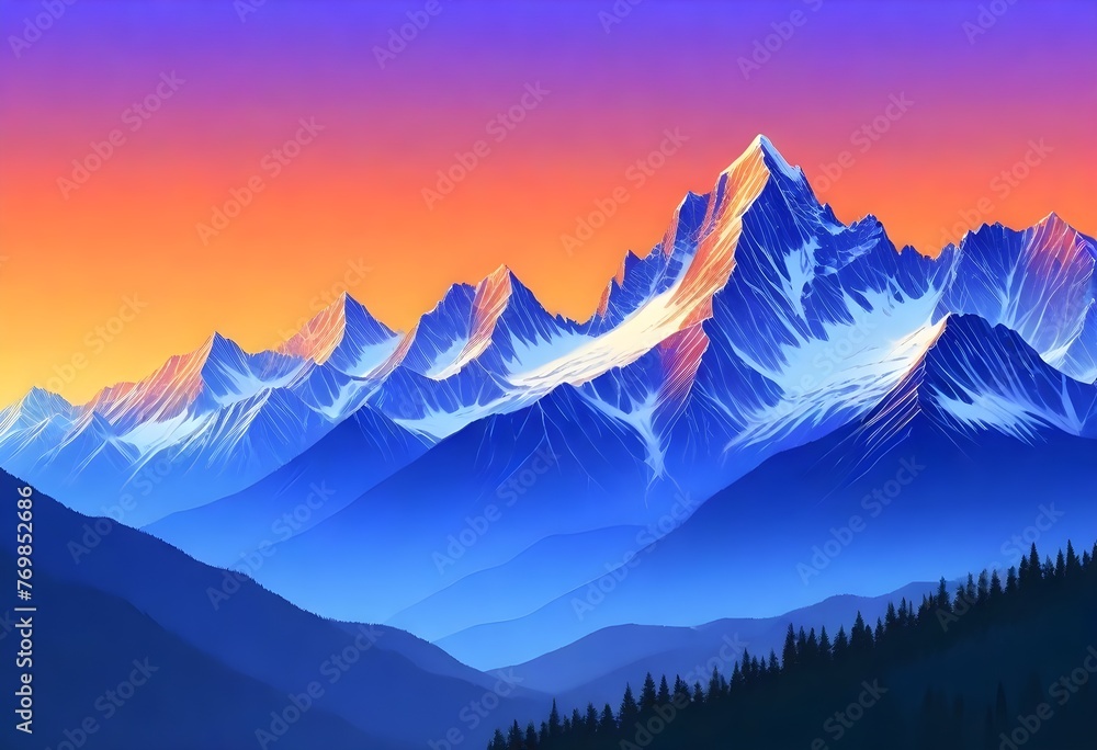 Digital Painting Serene Mountain Range At Sunset M (1) 1