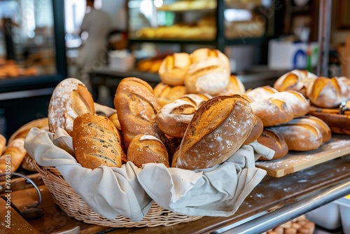 fabric basket full of assorted bread at a bakery counter © primopiano