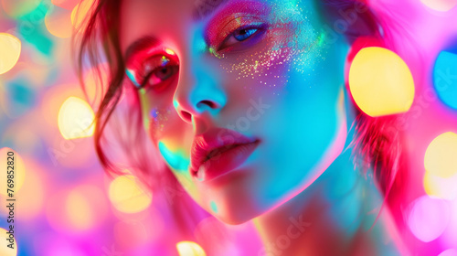 A woman with colorful makeup on her face. The makeup is bright and vibrant, giving the impression of a fun and energetic atmosphere. The woman's face is the main focus of the image