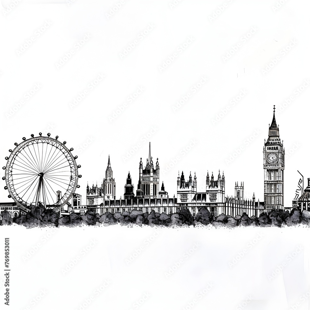 Iconic Landmarks of London Skyline in Striking Black-and-White Pencil Drawing Panorama