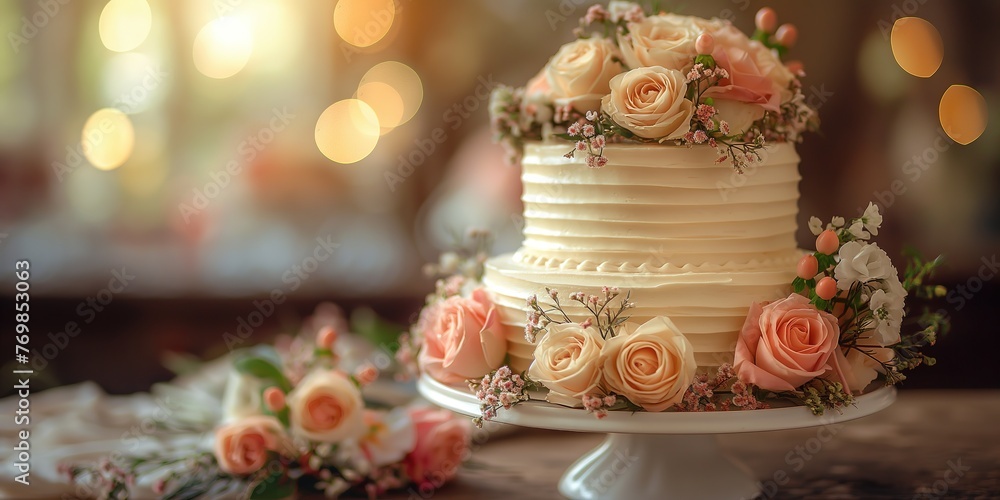 Fototapeta premium wedding cake decorated with roses, Generative Ai