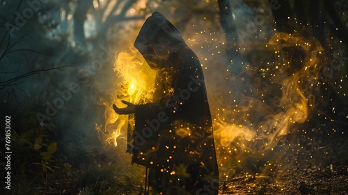 Hooded Silhouette Enveloped in Ethereal Flames and Sparks Amid Mysterious Forested Environment