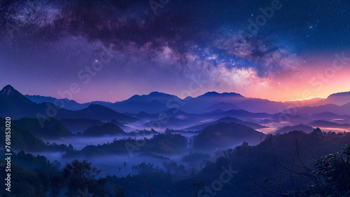 Milky Way arcs over undulating hills at twilight, where night's veil meets the first light of dawn. © tisomboon