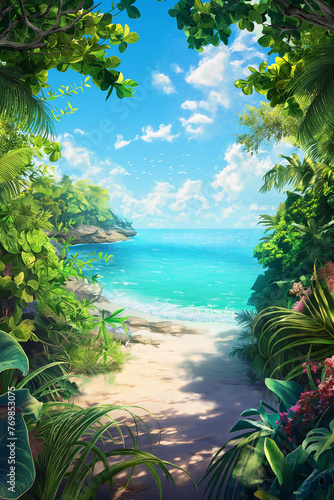  A secluded beach cove framed by lush greenery and clear blue skies.