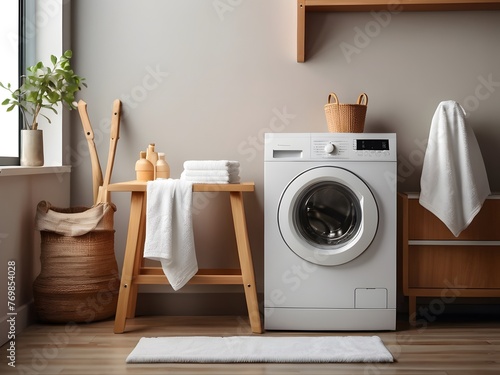 laundry appliance for washing clothes, often placed in the kitchen and featuring a front-loading door [washing machine in the kitchen]
