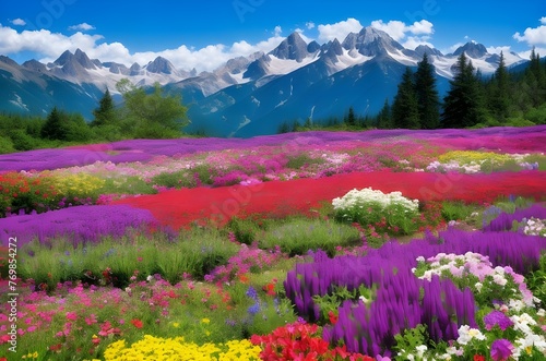 amazing spring flower garden and mountain landscape background © maxnyc