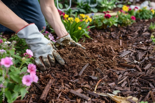 person wearing gloves as they spread mulch in a flower bed © primopiano