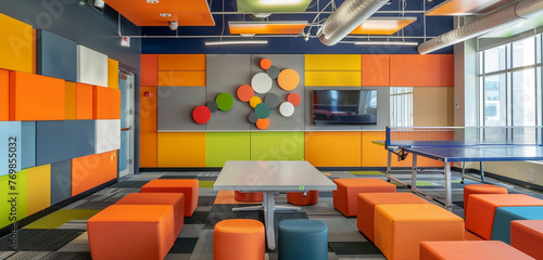 A vibrant breakout area with colorful accent walls, modular seating, and a ping pong table for impromptu games and team-building activities