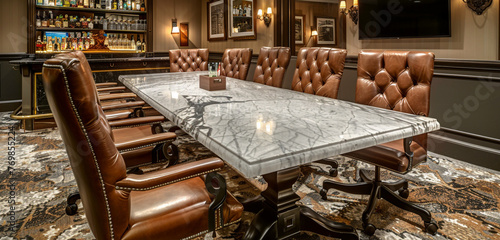 An elegant executive boardroom with a marble conference table, leather chairs, and a built-in bar for post-meeting networking and celebrations