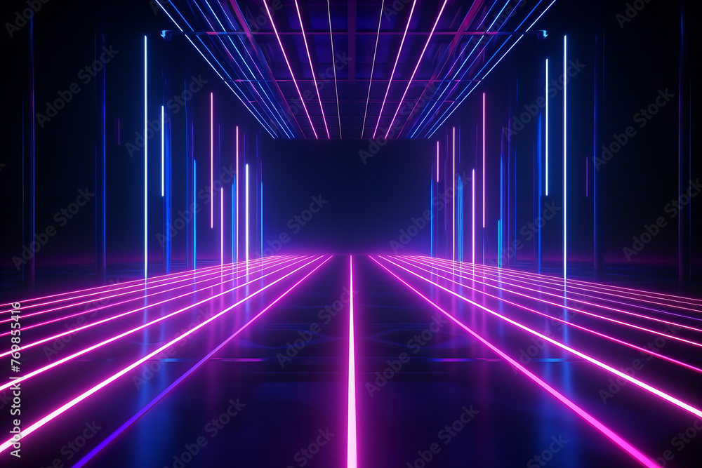 3d Render, abstract background. Neon light glowing, fluorescent lines.