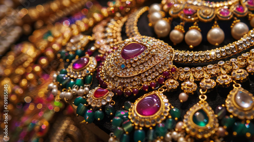 A dazzling close-up view of an Indian jewelry set with colorful gems and elaborate designs