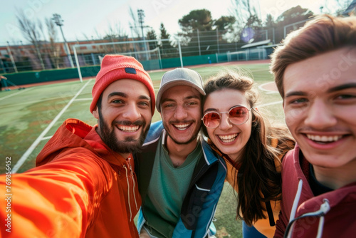 A group of young people take selfies on the playing field