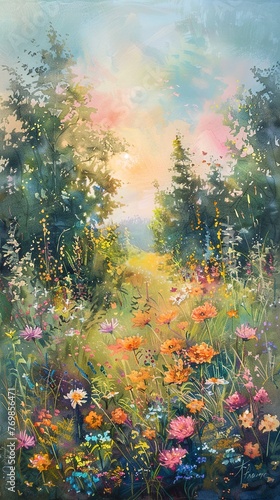 Wildflower meadow at dawn, bright colors, ground level, cheerful, watercolor touch  © Thanthara