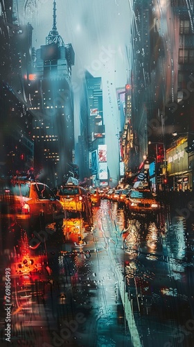 Rainy cityscape  blurred reflections  wide lens  moody  watercolor impression 