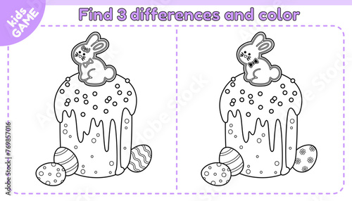 Kids game Find the 3 differences with cartoon Easter cake. Spot the differences. Educational worksheet for children. Traditional holiday baking with gingerbread rabbit, painted eggs. Vector outline.