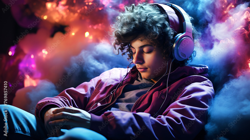 Young man wearing headphones siting with his eyes closed with a peaceful expression on his face. Colorful smoke around.